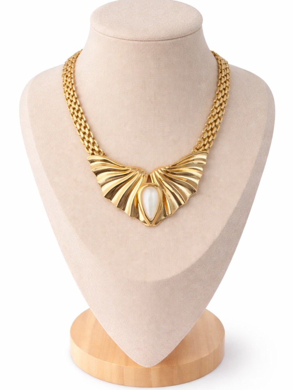 Vintage Gold Tone Statement Necklace w/ Faux Pearl Teardrop Pendant